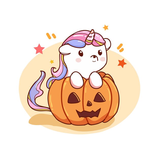 lindo unicornio con calabaza de halloween