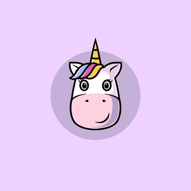 Lindo unicornio cara sonriente ilustración de dibujos animados