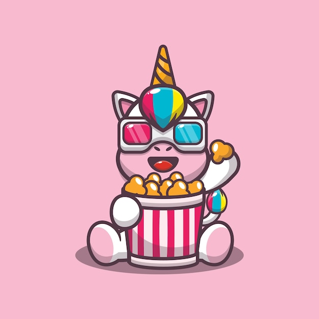 lindo unicornio comiendo palomitas de maíz y viendo una película en 3d