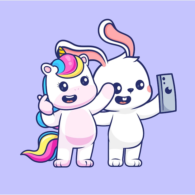 Vector lindo unicornio y conejo selfie con teléfono dibujos animados icono vectorial ilustración tecnología animal plana