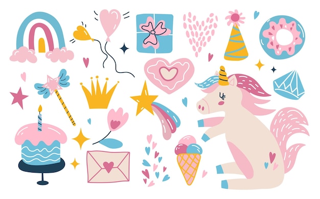 Lindo unicornio y conjunto de objetos mágicos ilustración vectorial para invitación de cumpleaños baby shower
