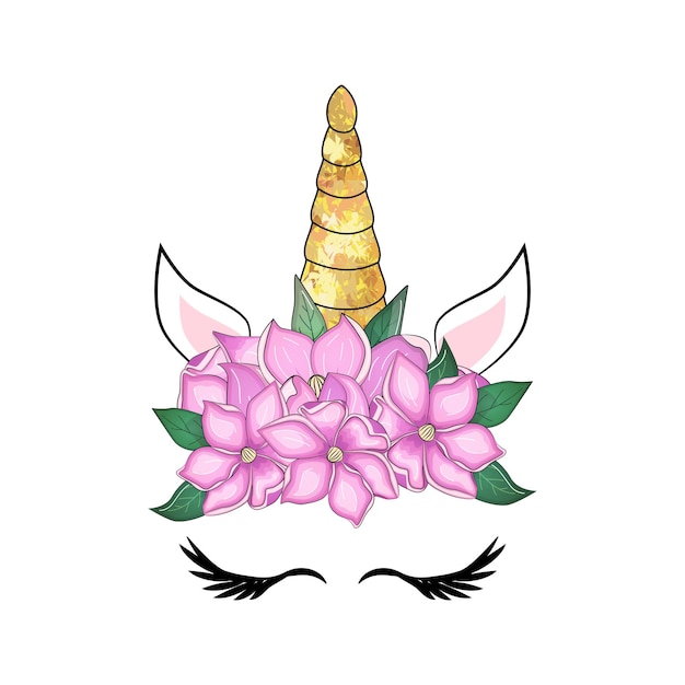 Lindo unicornio con corona floral y cuerno de brillo dorado Ilustración dibujada a mano por vector