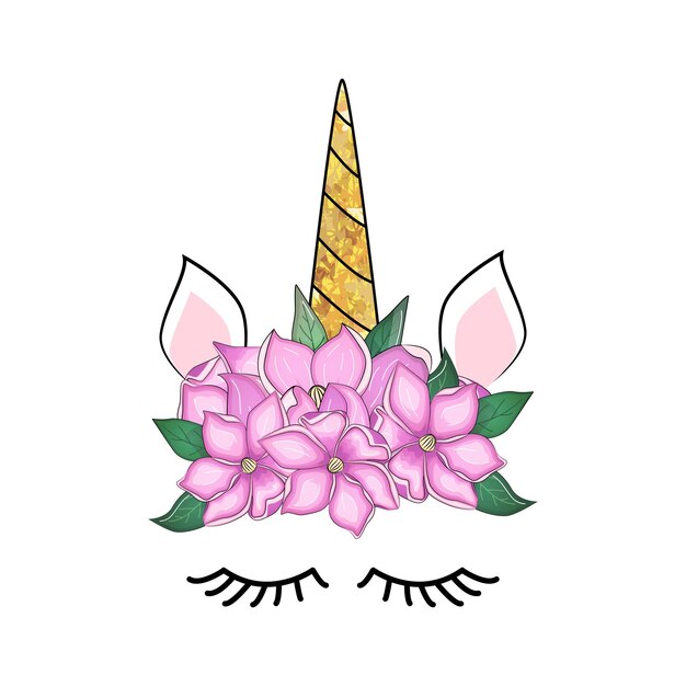Lindo unicornio con corona floral y cuerno de brillo dorado Ilustración dibujada a mano por vector