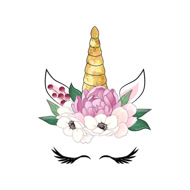 Lindo unicornio con corona floral y cuerno de brillo dorado Ilustración dibujada a mano por vector