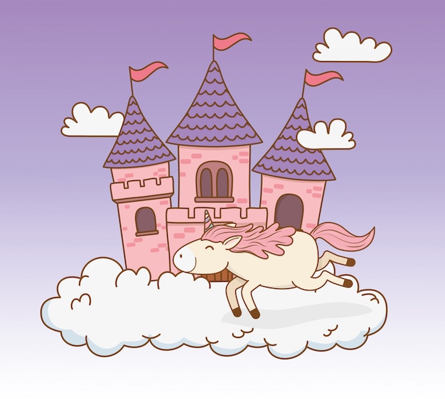 Lindo unicornio de cuento de hadas con castillo en las nubes