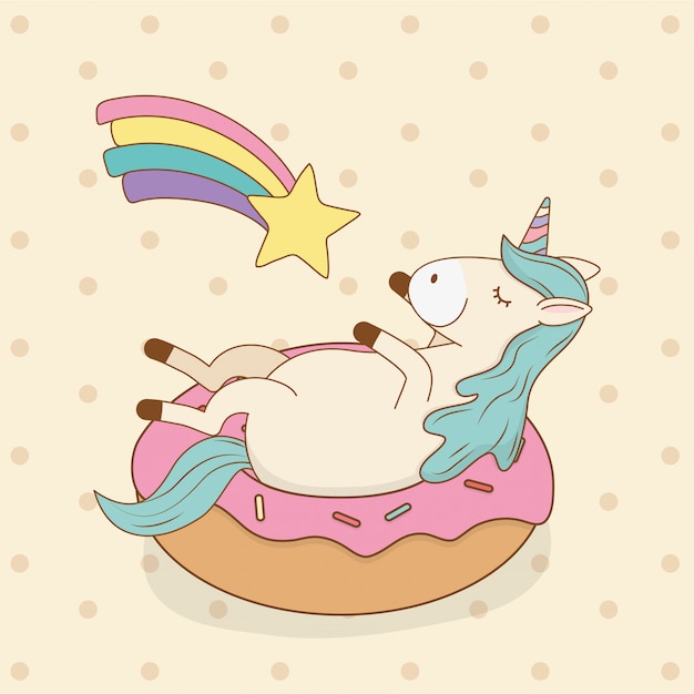 Lindo unicornio de cuento de hadas en donut con arco iris