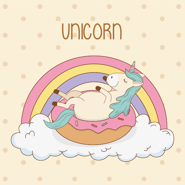 Lindo unicornio de cuento de hadas en donut con arco iris