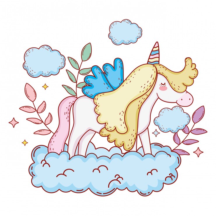 Vector lindo unicornio de cuento de hadas con nubes