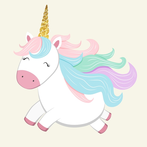 Lindo unicornio con cuerno dorado en colores pastel pegatina de unicornio Ilustración infantil suave