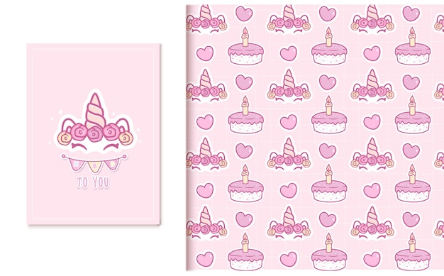 Lindo unicornio cumpleaños dibujos animados doodle de patrones sin fisuras y tarjeta