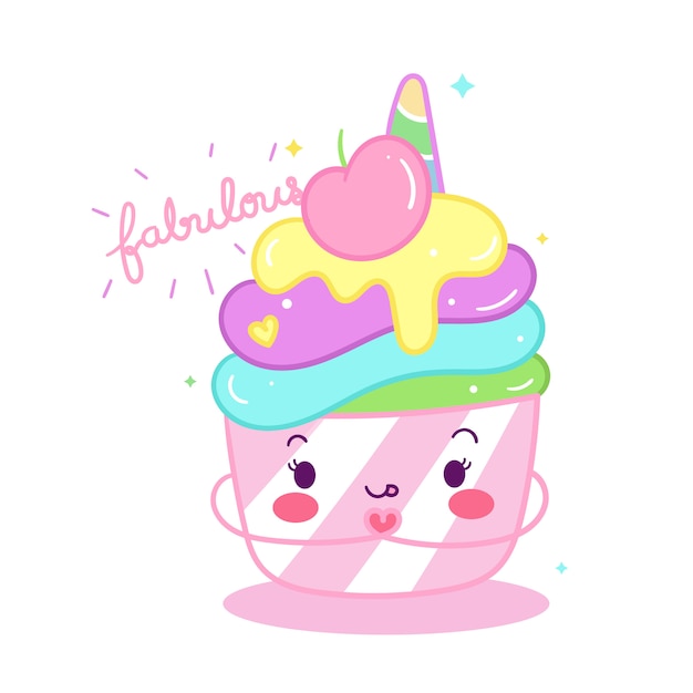 Vector lindo unicornio cupcake doodle dibujos animados