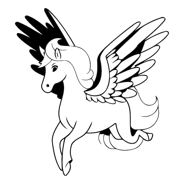 Vector lindo unicornio de dibujos animados con alas volando en el cielo ilustración vectorial