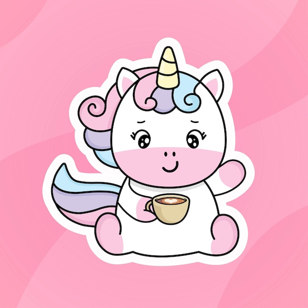 Vector lindo unicornio de dibujos animados bebiendo café dibujado a mano ilustración de doodle kawaii