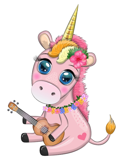 Vector el lindo unicornio de dibujos animados con el cabello colorido está tocando la guitarra