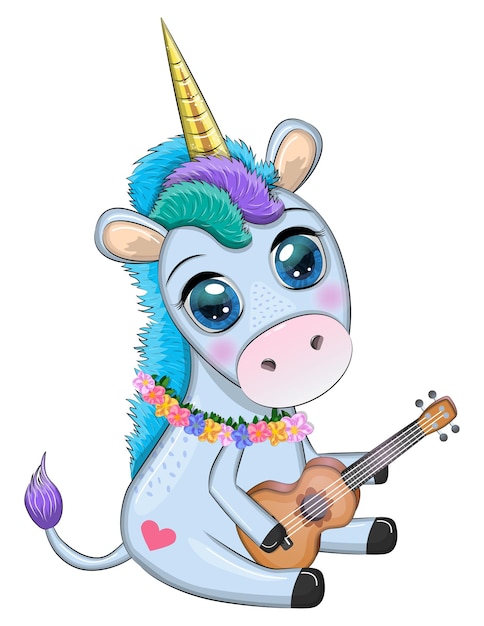 Vector el lindo unicornio de dibujos animados con el cabello colorido está tocando la guitarra