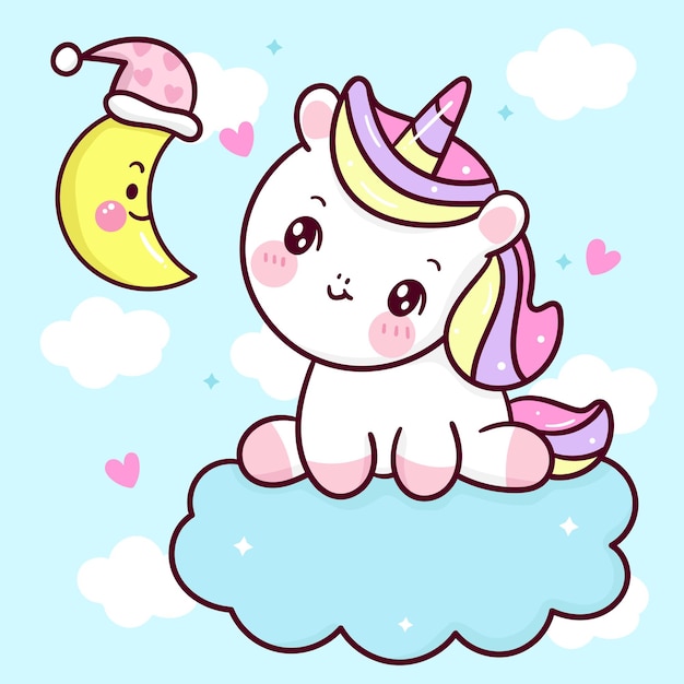 Vector lindo unicornio de dibujos animados dormir y luna animal kawaii