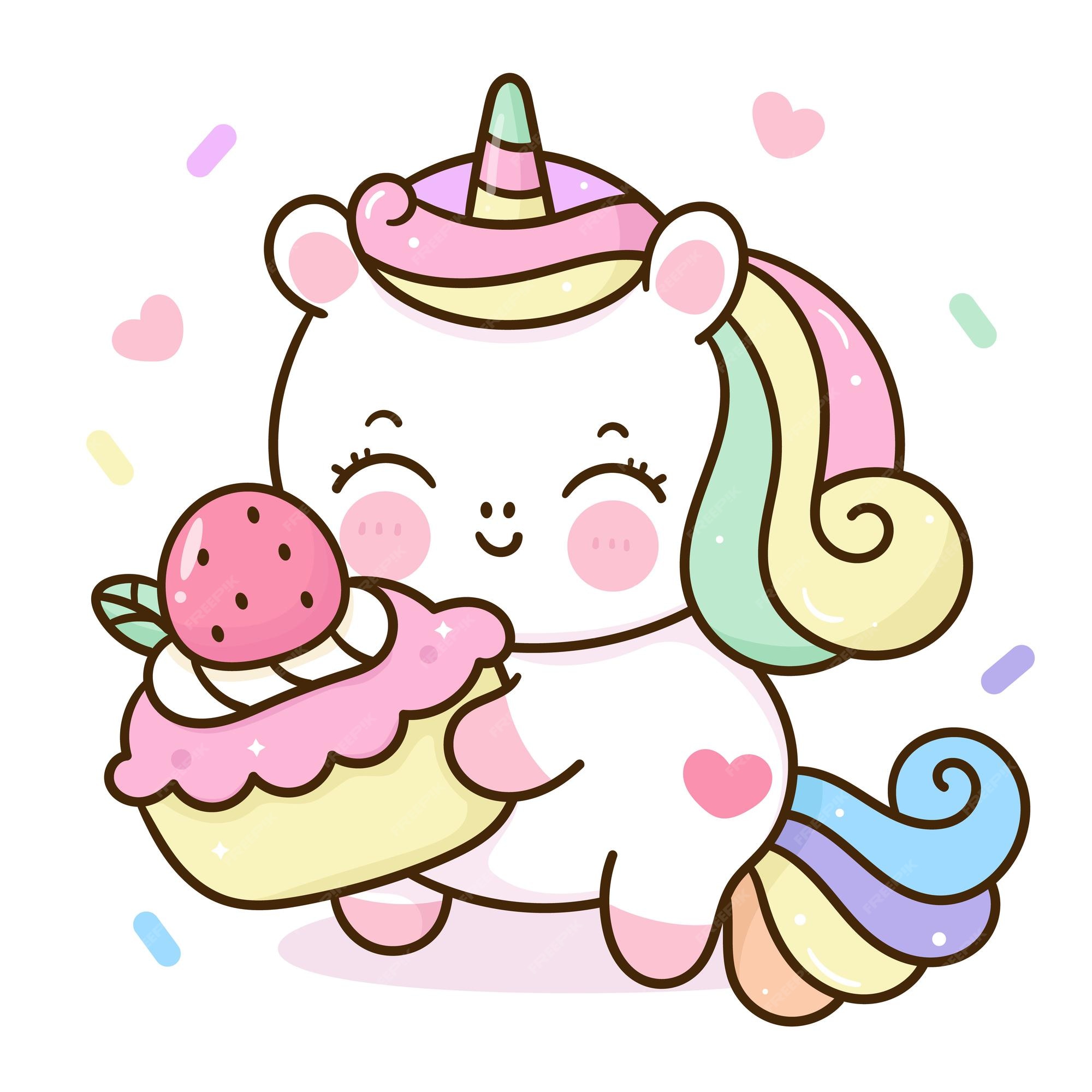 Lindo unicornio de dibujos animados y dulce cupcake día de san valentín  kawaii clipart | Vector Premium