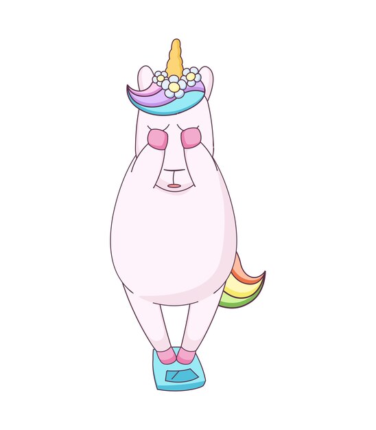 Lindo unicornio de dibujos animados se encuentra en básculas de piso