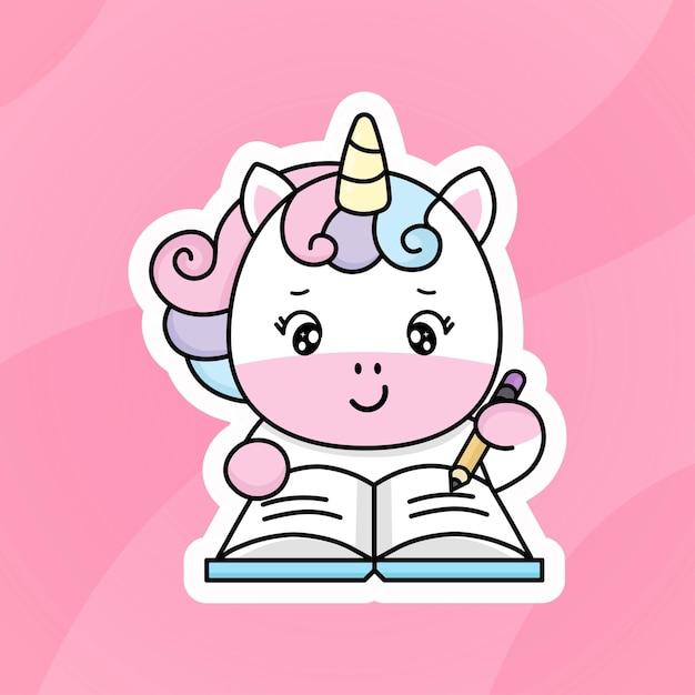 Lindo unicornio de dibujos animados escribiendo en un cuaderno dibujado a mano ilustración de doodle kawaii