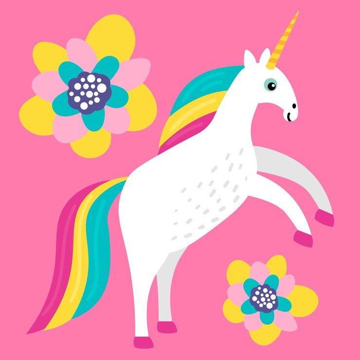 Vector lindo unicornio de dibujos animados con flores en estilo infantil plano aislado sobre fondo brillante