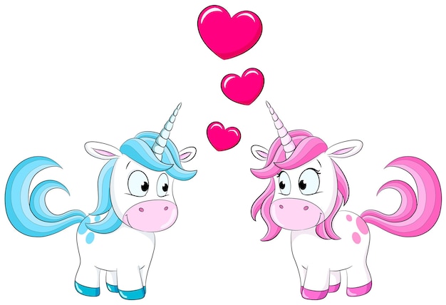 El lindo unicornio de dibujos animados en un fondo rosa y azul El amor es el amor