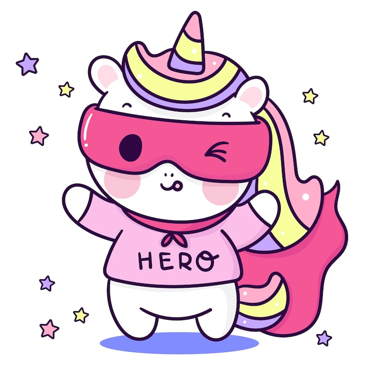 Vector lindo unicornio de dibujos animados héroe kawaii animal