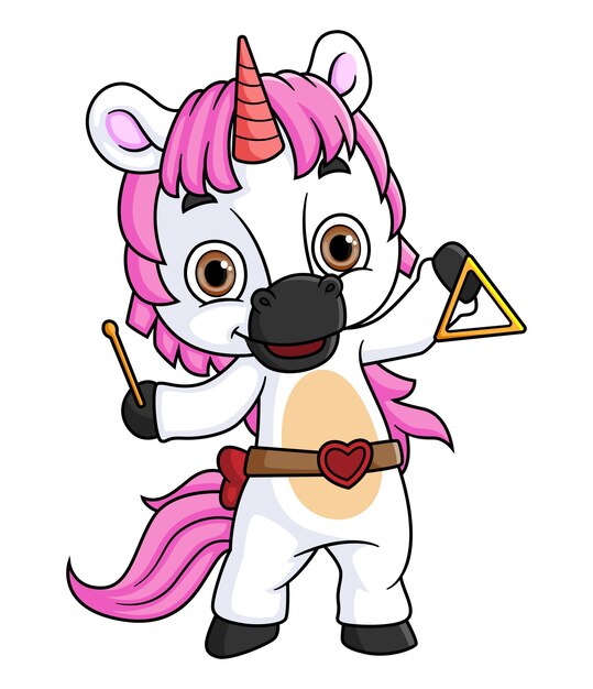 El lindo unicornio de dibujos animados jugando una campana triangular