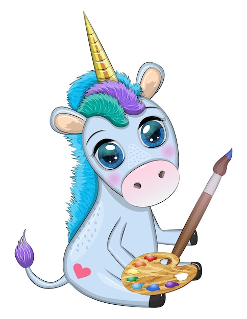 Vector lindo unicornio de dibujos animados con paleta de pintura y profesión de artista de pincel