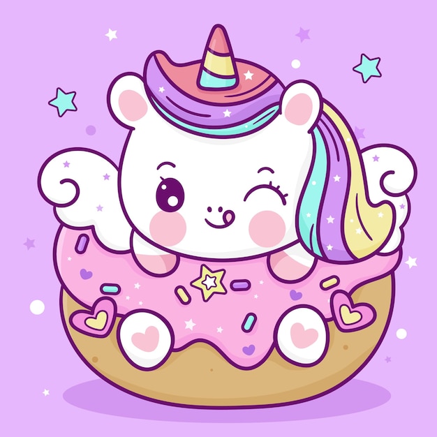 Lindo unicornio de dibujos animados pony pegaso con pastel de cumpleaños fiesta kawaii animal