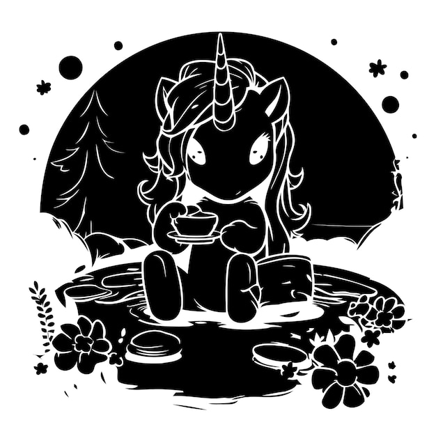 Vector el lindo unicornio de dibujos animados sentado en la hierba con una taza de café