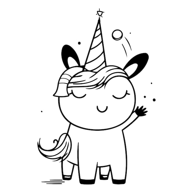 Lindo unicornio de dibujos animados con sombrero de fiesta ilustración vectorial para su diseño