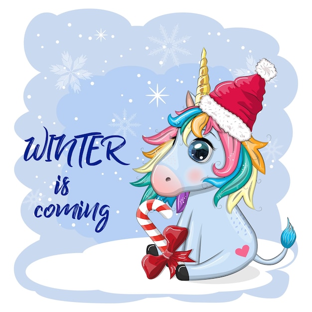 Lindo unicornio de dibujos animados en sombrero de Papá Noel con regalo bola de Navidad caramelo kane Año Nuevo y vacaciones de Navidad