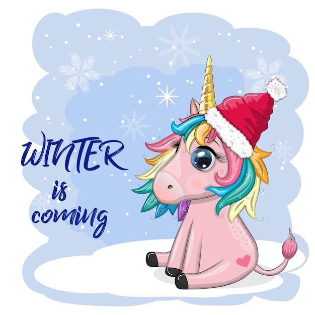 Lindo unicornio de dibujos animados en sombrero de Papá Noel con regalo bola de Navidad caramelo kane Año Nuevo y vacaciones de Navidad