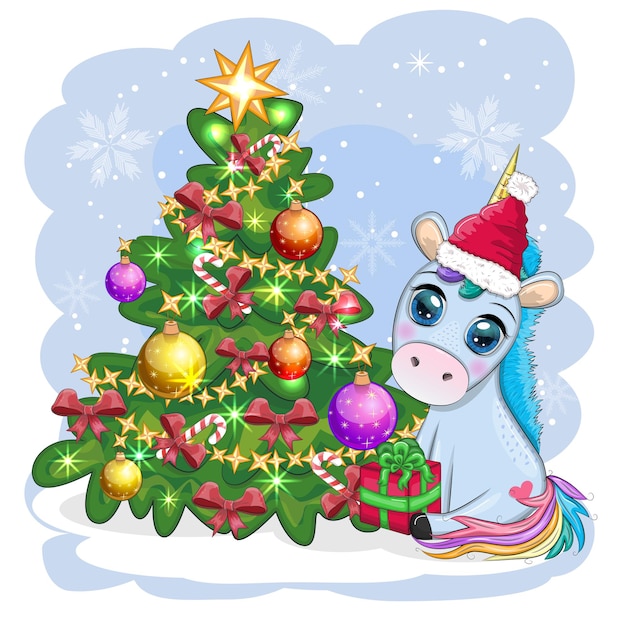 Vector lindo unicornio de dibujos animados en sombrero de santa cerca del árbol de navidad con bolas de regalos año nuevo y tarjeta de felicitación de navidad