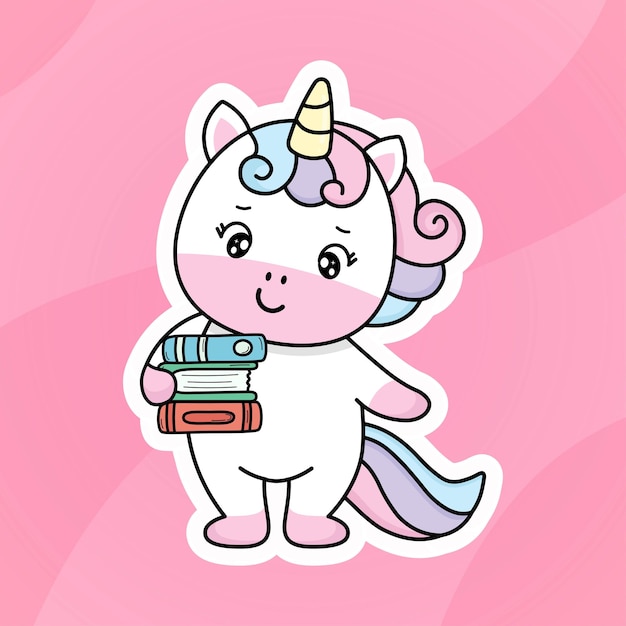 Lindo unicornio de dibujos animados sosteniendo libros dibujado a mano ilustración de doodle kawaii
