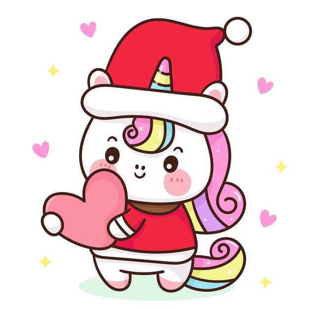 Lindo unicornio de dibujos animados usar sombrero de santa Navidad abrazo corazón kawaii animal