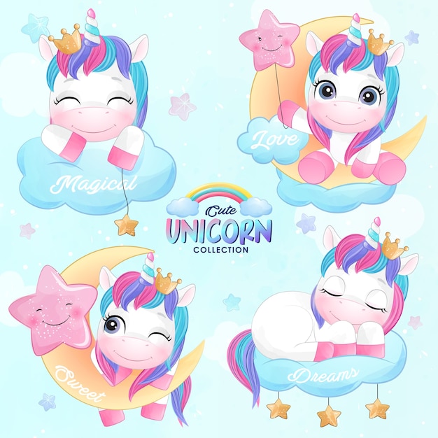 Lindo unicornio doodle en estilo acuarela