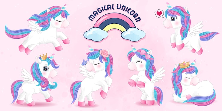 Vector lindo unicornio doodle con ilustración acuarela