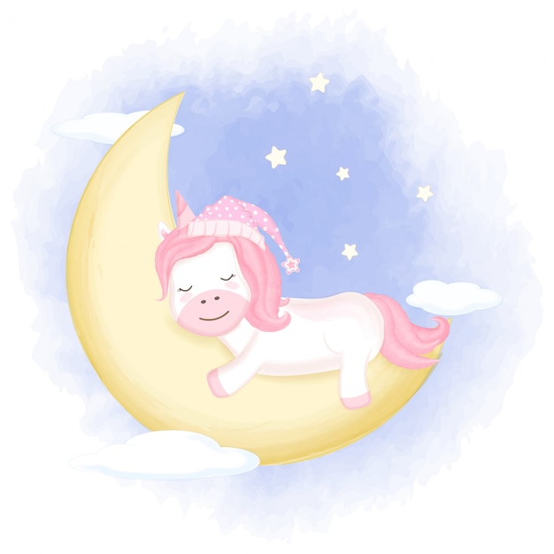 Lindo unicornio dormido en luna creciente