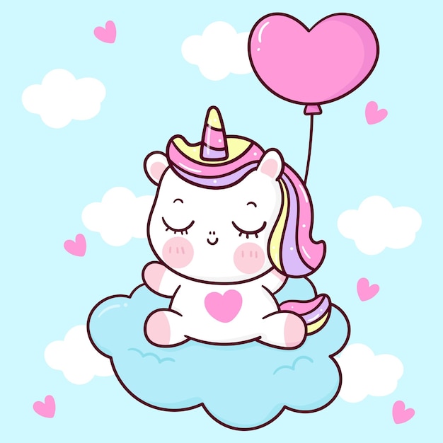 Vector lindo unicornio duerme en la nube con globo de corazón para el día de san valentín animal kawaii