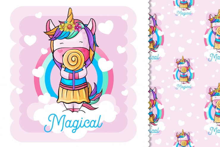 Vector lindo unicornio con dulce caramelo
