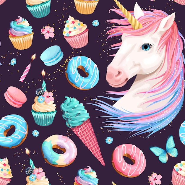 Lindo unicornio y dulces patrón de vector transparente