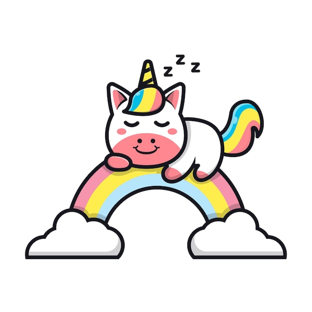 lindo unicornio durmiendo en la ilustración de dibujos animados de arco iris