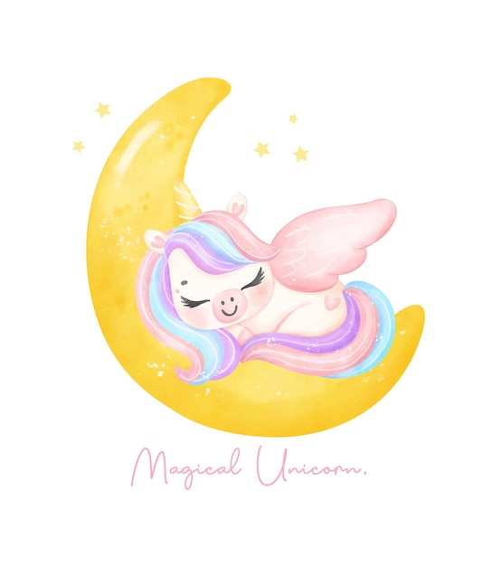 Lindo unicornio durmiendo en la luna creciente acuarela de guardería Ilustración de arte Unicornio mágico