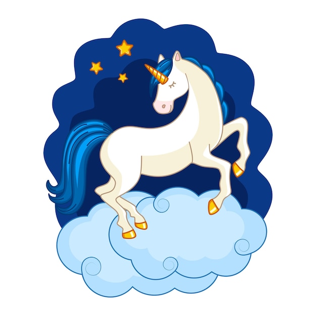 Lindo unicornio durmiendo en una nube en el fondo del cielo estrellado. Objeto aislado.