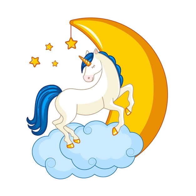 Lindo unicornio durmiendo en una nube con luna y estrellas objeto aislado