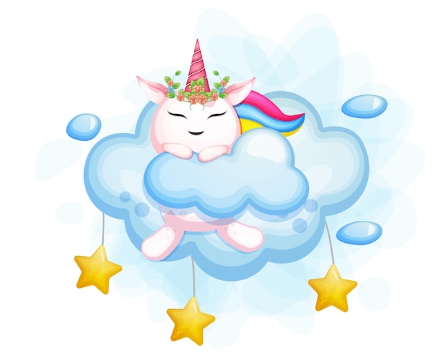 Lindo unicornio se esconde detrás de la nube y la estrella. vector premium