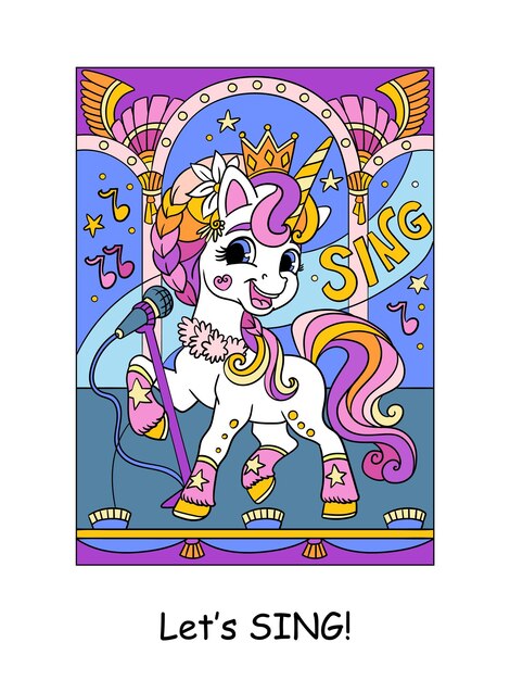 Lindo unicornio estrella pop cantante y letras cantar ilustración vectorial