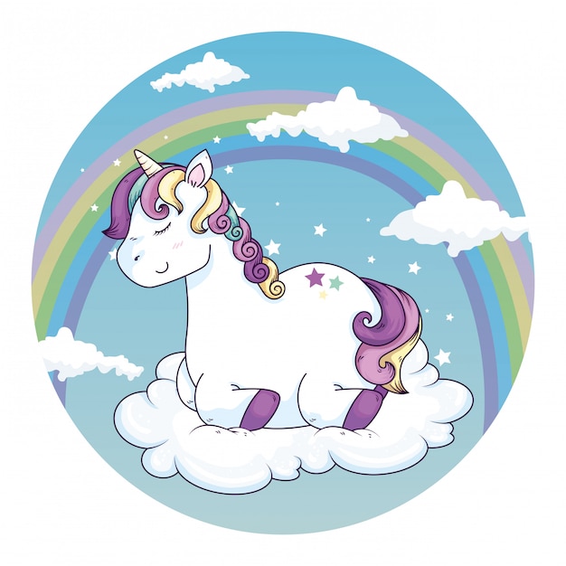 Lindo unicornio fantasía en nube con arcoiris