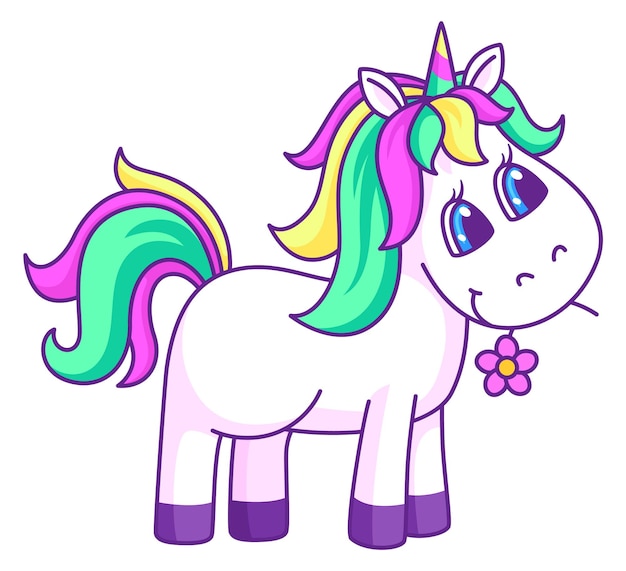 Vector lindo unicornio con flor sonriente personaje de cuento de hadas amigable